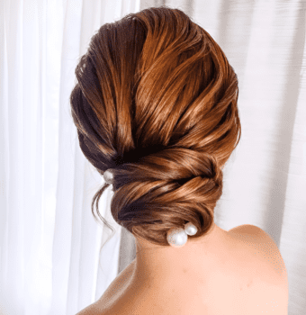 clean low bun with pearls