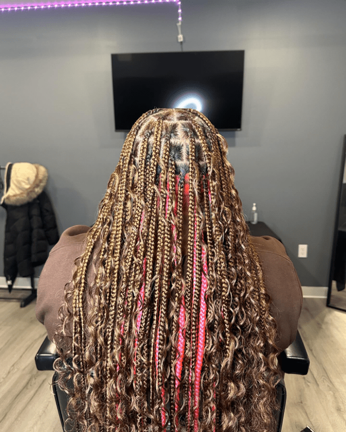 Knotless Braids with Peekaboo Hues and Synthetic Curls