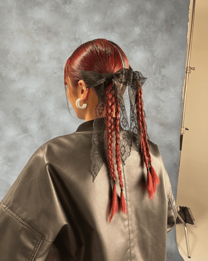 Crimson Braids and Lace Contrast
